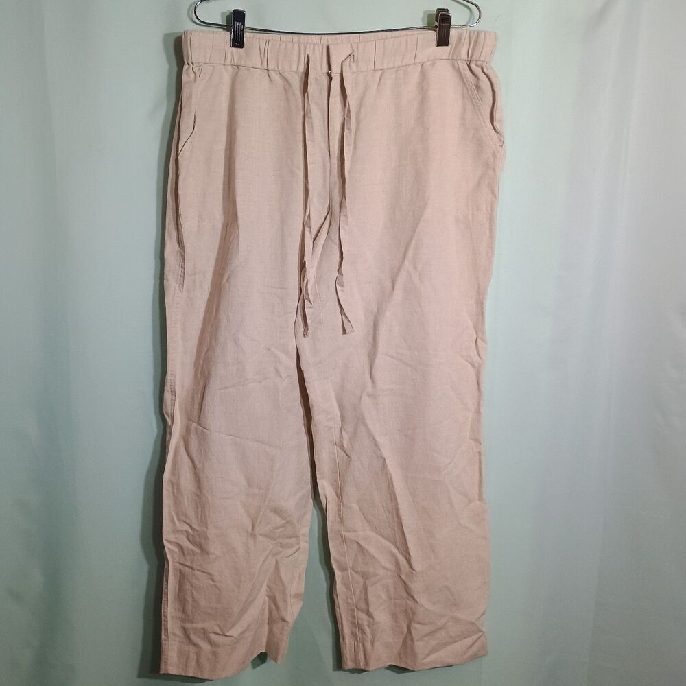 Women’s Beige Linen Blend Wide Leg Pants – Drawstring Elastic Waist